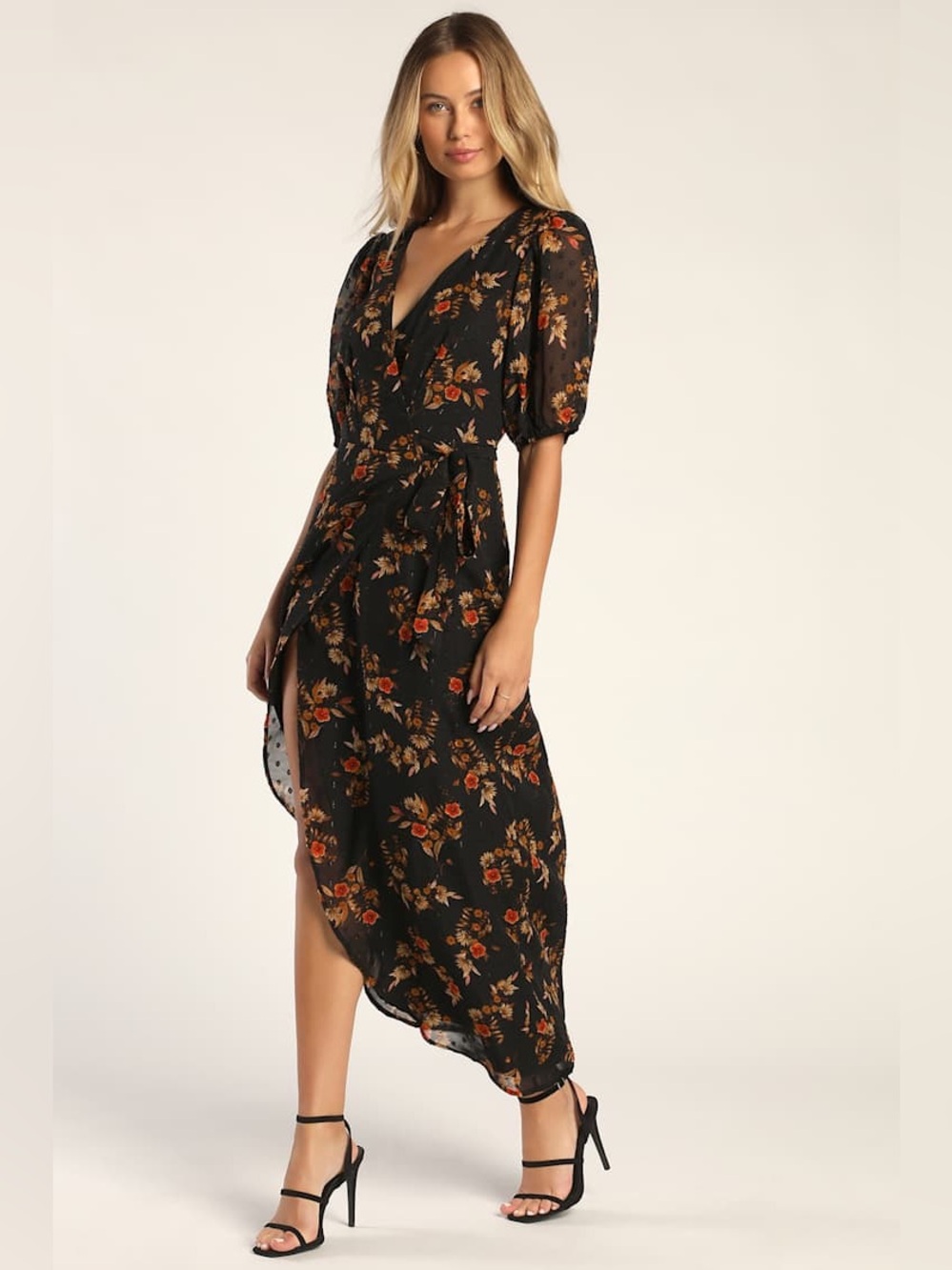 Lulus Seasonal Chic Black Floral Swiss Dot Wrap High-Low Dress - Picture 12 of 12